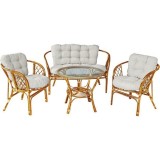 Cumpara ieftin Set Gradina Bahama Ratan Natur 4 Persoane, Masa Rotunda 55cm, Canapea si Scaune cu Perne incluse