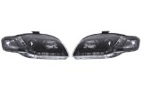 Set faruri Audi A3 (8p), 05.2003-04.2008, partea Stanga+Dreapta, Tuning, Fata, cu lumina de parcare LED; H1+H7; manual/electric; negru, transparent;, Rapid