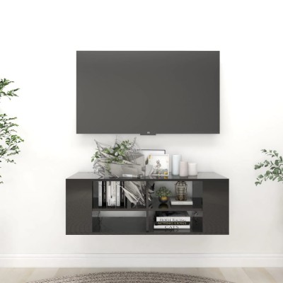 Gossi dulap tv montat pe perete, negru extralucios, 102x35x35 cm, pal foto
