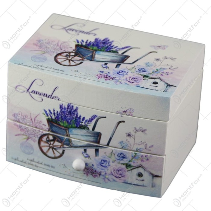 Cutie de bijuterii muzicala din lemn cu sertar si oglinda 13&times;9 CM &ndash; Lavender