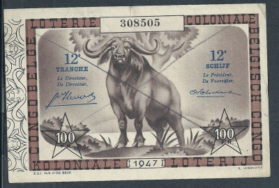 Belgium Congo 1947 Old national lotery ticket D.323 foto