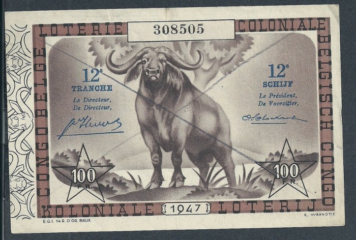 Belgium Congo 1947 Old national lotery ticket D.323