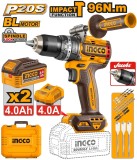 Masina de Gaurit si Insurubat cu Impact 20V INGCO CIDLI209686E, 96Nm, brushless, 2 viteze 0-550/2100 rpm, 30000 bpm, mandrina metalica 13 mm, 2 acumul