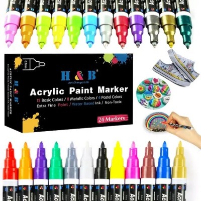 Set 24 markere vopsea acrilica hartie piatra sticla ceramica lemn textile panza foto