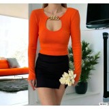 Bluza tricotata striata, portocalie, cu accesoriu metalic auriu