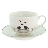 Cumpara ieftin Set ceasca cu farfurioara portelan alb negru Pasari 12x9x7 cm, 14x2 cm, 220 ml