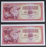 Yugoslavia, 2 x 100 Dinari 1986, UNC, Consecutive.