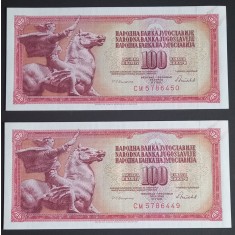 Yugoslavia, 2 x 100 Dinari 1986, UNC, Consecutive.
