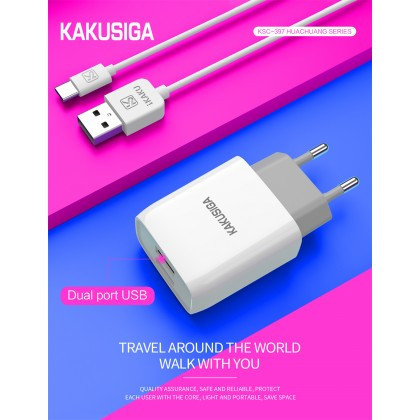 Incarcator Retea KAKUSIGA KSC - 397, 2,4A , 2xUSB + Cablu de incarcare USB Type-C, Alb Blister
