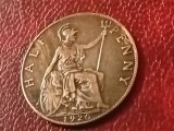 1/2 Half penny 1920 UK, stare EF+ / aUNC [poze]. Discount conform descriere [10 - 20 %. Vezi descrierea]., Europa