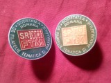 2 Insigne Romania Societatea de Filatelie si Maximafilie , metal si email , d- 2,3cm