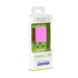 Incarcator M-Life pentru Telefon, Alimentare priza, Slot USB, Adaptor UK-USA, Roz