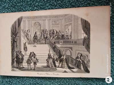 receptie la Versailles ,gravura veche pe hartie cartonata lucioasa , pentru colectie sau pentru inramare,frumoasa foto