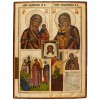 Icoană pe lemn &icirc;n patru registre &bdquo;Maica Domnului &icirc;n trei tipuri iconografice, Arhanghelul Rafael alături de Tobie și Sf. Mandylion&rdquo;, școală rusească,
