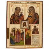 Icoană pe lemn &icirc;n patru registre &bdquo;Maica Domnului &icirc;n trei tipuri iconografice, Arhanghelul Rafael alături de Tobie și Sf. Mandylion&rdquo;, școală rusească,