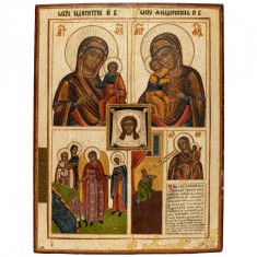 Icoană pe lemn &icirc;n patru registre &bdquo;Maica Domnului &icirc;n trei tipuri iconografice, Arhanghelul Rafael alături de Tobie și Sf. Mandylion&rdquo;, școală rusească,