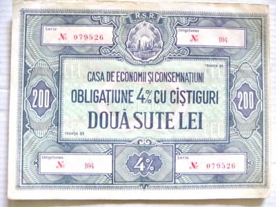 B323-I-CEC-RSR-Obligatiune 200 lei. Marimi: 16.5/ 12.5 cm. foto