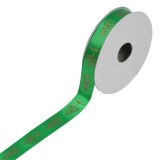 Panglică Decorativă Brad de Crăciun, Model Verde cu Brazi Aurii, Lungime 5m, Lățime 15mm, Poliester, Oem