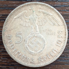 (A1032) MONEDA DIN ARGINT GERMANIA - 5 REICHSMARK 1938, LIT. E, VAR. CU SWASTIKA