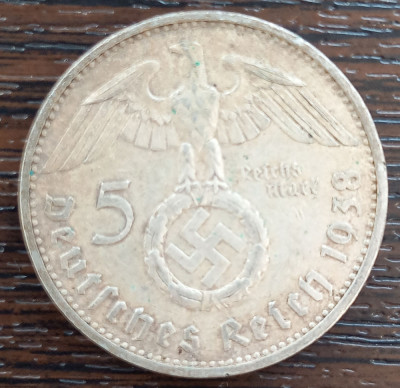 (A1032) MONEDA DIN ARGINT GERMANIA - 5 REICHSMARK 1938, LIT. E, VAR. CU SWASTIKA foto