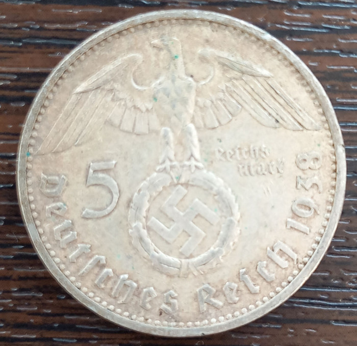 (A1032) MONEDA DIN ARGINT GERMANIA - 5 REICHSMARK 1938, LIT. E, VAR. CU SWASTIKA