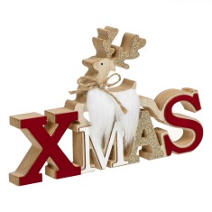 Decoratiune Craciun, Xmas, Cerb, Blana Alba, Catifelat, Glitter Auriu, 23.5 cm, Lemn