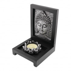 Decoratiune suport ardere lumanari parfumate cu floare de lotus si chipul lui buddha argintiu