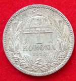 (A325) MONEDA ARGINT UNGARIA - 1 KORONA 1915, FRANZ JOSEPH, STARE FRUMOASA, LUCIU DE BATERE