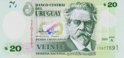 Bancnota Uruguay 20 Pesos Uruguayos 2020 - P101 UNC ( polimer - vezi descriere ) foto