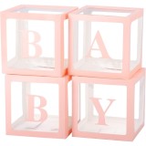 Set 4 cutii pentru baloane, flippy, model scris baby, tematica iubire, cuburi decorative din plastic, accesorii pentru petrecere, 30 x30 cm, transpare