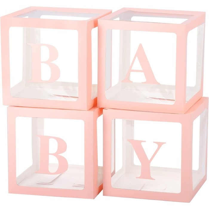 Set 4 Cutii pentru Baloane, Cyrax, Model Scris Baby, Tematica Iubire, Cuburi Decorative din Plastic, Accesorii pentru Petrecere, 30 x30 cm, Transparen