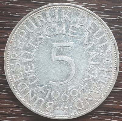 (A876) MONEDA DIN ARGINT GERMANIA - 5 MARK 1969, LIT G, 11,2 GRAME. PURITATE 625 foto