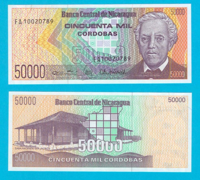Nicaragua (p#161) 50.000 Cordobas 1989 UNC &#039;Vado&#039; serie: FA 0020789