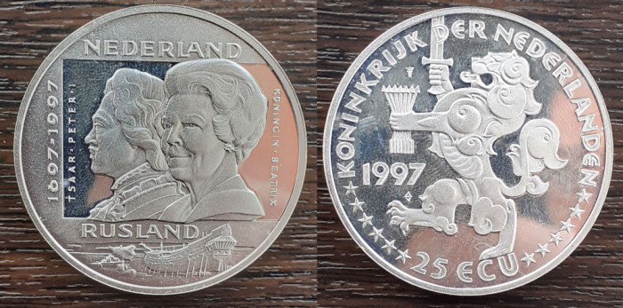 (A249) MONEDA DIN ARGINT OLANDA - 25 ECU 1997, 300 ANI RELATIA RUSO-OLANDEZA