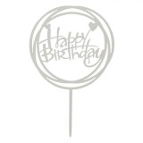 Decoratiune Tort Oglinda Acrilica, Happy Birthday, Argintiu, 10.3x16.3 cm, Oem