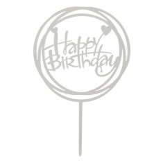 Decoratiune Tort Oglinda Acrilica, Happy Birthday, Argintiu, 10.3x16.3 cm