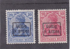 1918 - Ocupatia germana in Romania, Armata 9., Timbru german 2 val, supratipar , nestampilat cu sarniera