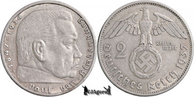 1937 A, 2 Reichsmark - Paul von Hindenburg - Al Treilea Reich (Germania nazistă) foto