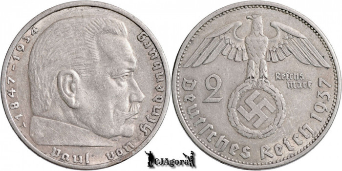 1937 A, 2 Reichsmark - Paul von Hindenburg - Al Treilea Reich (Germania nazistă)