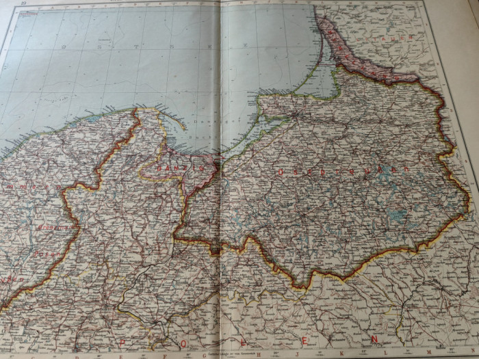 Harta veche 1920, Konigsberg, Danzig, State baltice, stare perfecta, 60x45 cm