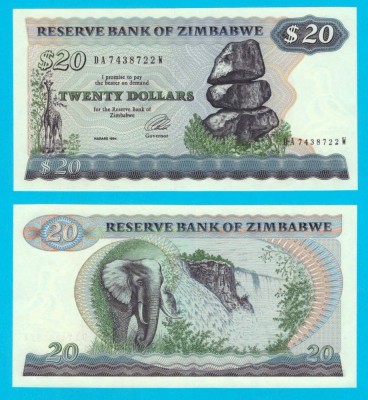 Zimbabwe (p#4) 20 Dollars 1994 UNC &amp;#039;Fum și Tunet&amp;#039; serie: DA7438722W foto