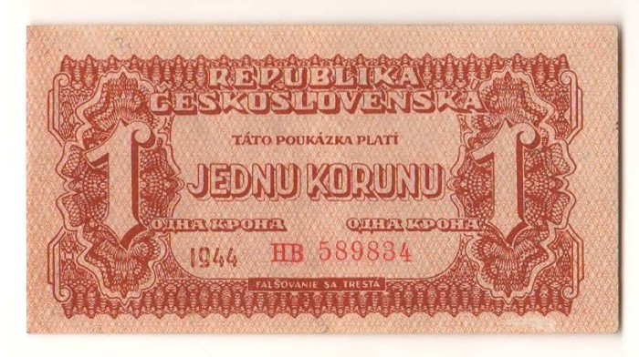 SV * Cehoslovacia JEDNU KORUNU / 1 COROANA 1944 * Ocup. URSS WWII +/- AUNC