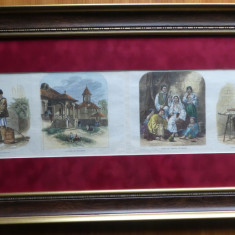 Litografie ziar englezesc, Scene din Bucuresti, vanzator de apa, 1877, inramata