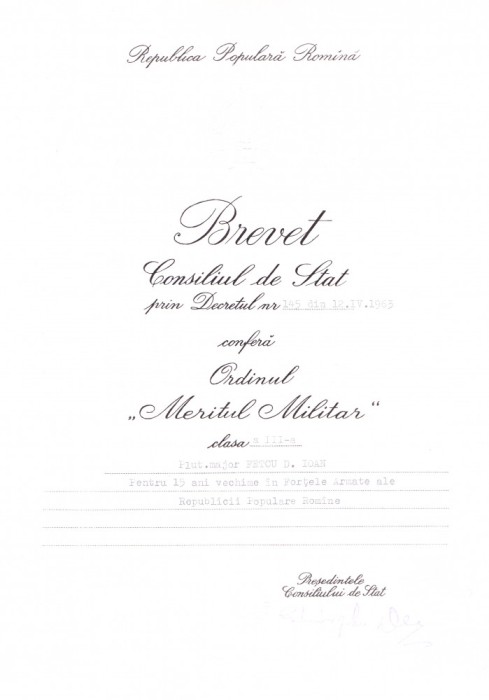 AMS# - BREVET ORDINUL MERITUL MILITAR CL. III, 1963