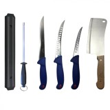 Cumpara ieftin Set profesional de macelarie, dezosat, injunghiat, transat, filetat, satar, masat pentru ascutit, suport magnetic, 3 cutite otel carbon