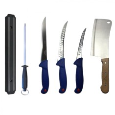 Set profesional de macelarie, dezosat, injunghiat, transat, filetat, satar, masat pentru ascutit, suport magnetic, 3 cutite otel carbon