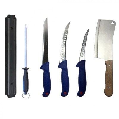 Set profesional de macelarie, dezosat, injunghiat, transat, filetat, satar, masat pentru ascutit, suport magnetic, 3 cutite otel carbon foto