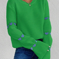 Pulover cu detalii pe maneci, din tricot, verde, dama, Shein