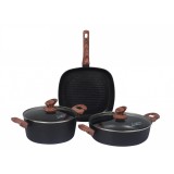 Set de gătit din aluminiu forjat, 5 piese, cu &icirc;nveliș cu aspect sablat &icirc;n 3 straturi și bază compatibilă cu inducția, negru