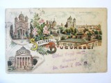 Rara! Carte postala litho Bucuresti:Salutari din Bucuresci,circulata 1899 cu stampile rare